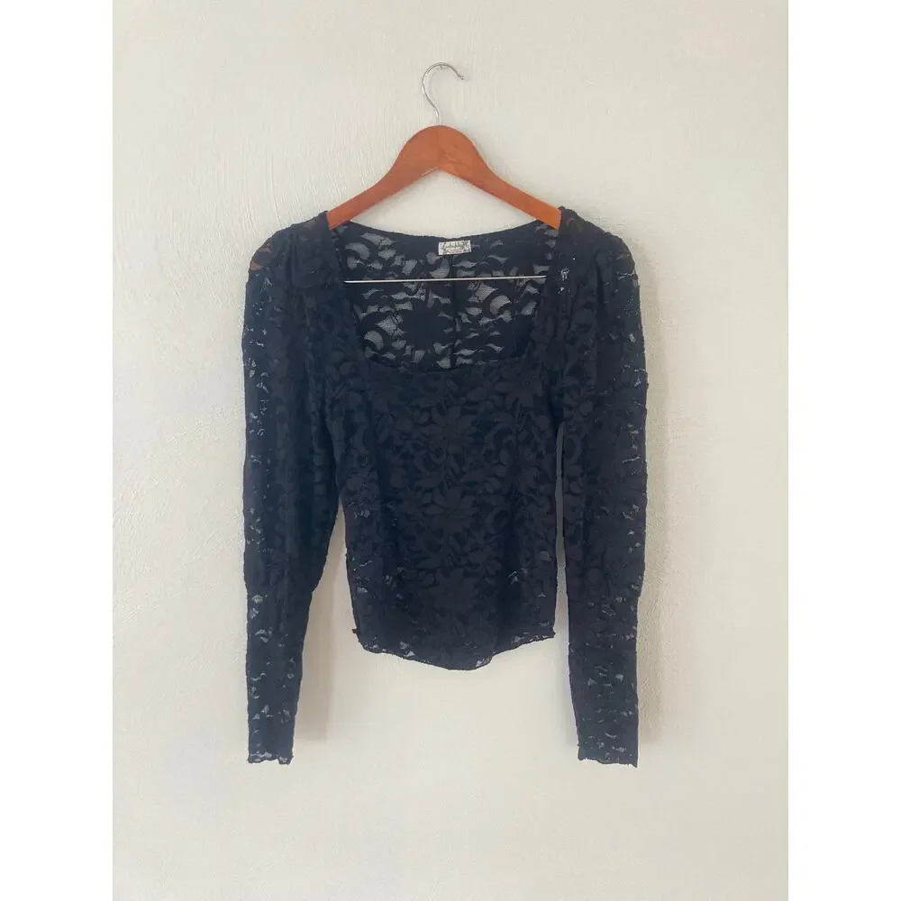Free People Intimately Long Distance Layering Top S Lace Floral Square Neck